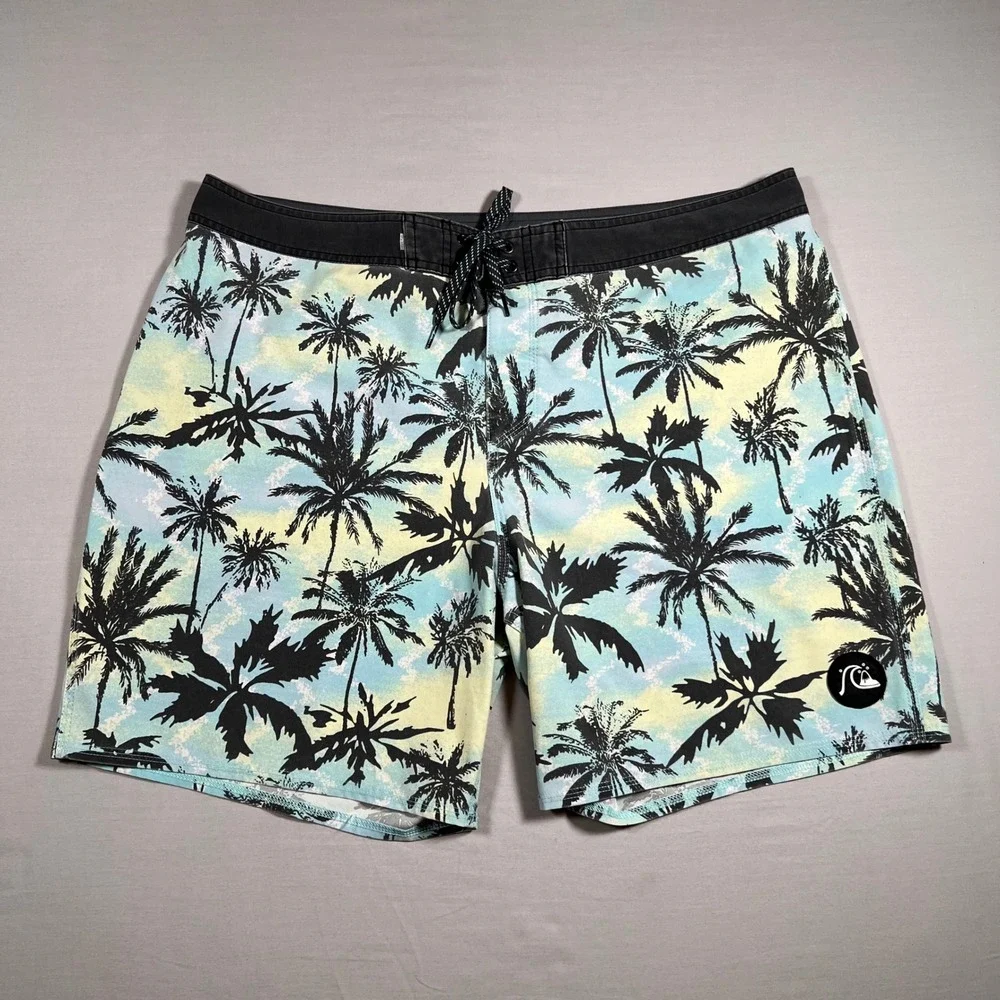 Quiksilver Highline SurfSilk Board Shorts Mens 38 Blue Yellow Palm Tree Tropical